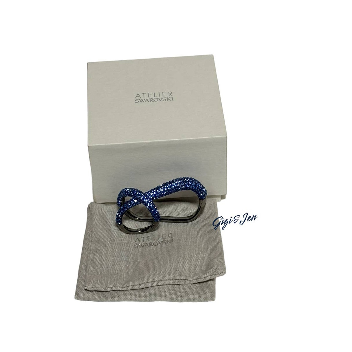 Swarovski Tigris Double Ring Blue, Ruthenium Plated Size 55/7 Usa